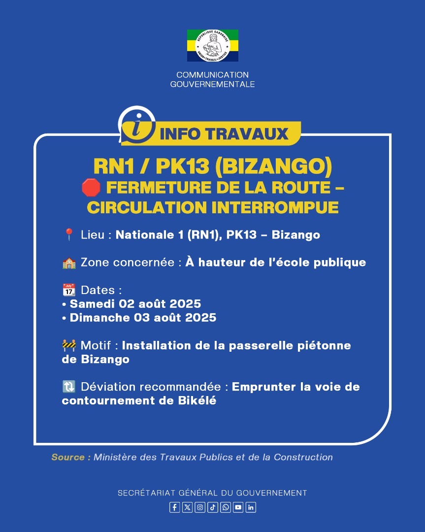 FERMETURE TEMPORAIRE DE LA RN1 / PK13 (BIZANGO)